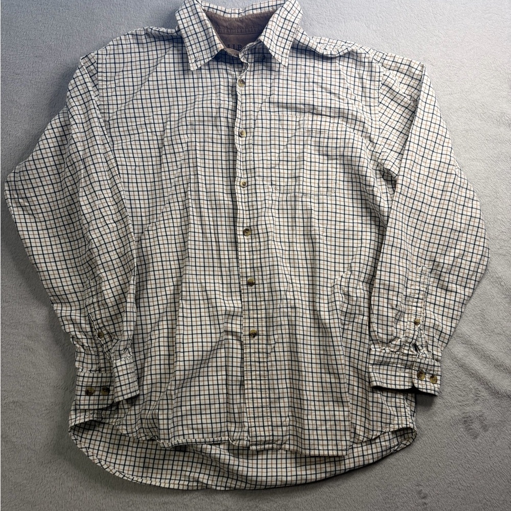 L.L. Bean Men's White Button-Down Shirt with Light Brown Check
